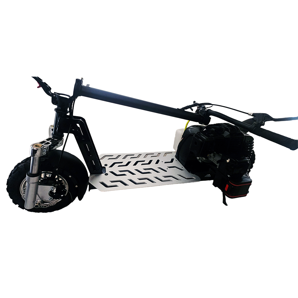 Electric start scooter with the seat and stem removes and handlebar folds for storage or traveling